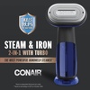 image:imageConair 2in1 Handheld Steamer and Iron for Clothes Turbo ExtremeSteam 1875W Garment Steamer and Clothing IronBlack  Blue  Versatile vertical or horizontal garmet steamer and iron with 4 steam levels purposebuilt accessories and an 8foot cordOne Size Pack of 2