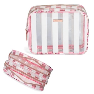image:imageConair Makeup Bag  Travel Toiletry Bag  Cosmetic Bag  Toiletry Bag for Women  Double Zip Organizer  Pink Palm PrintPink  White Stripe